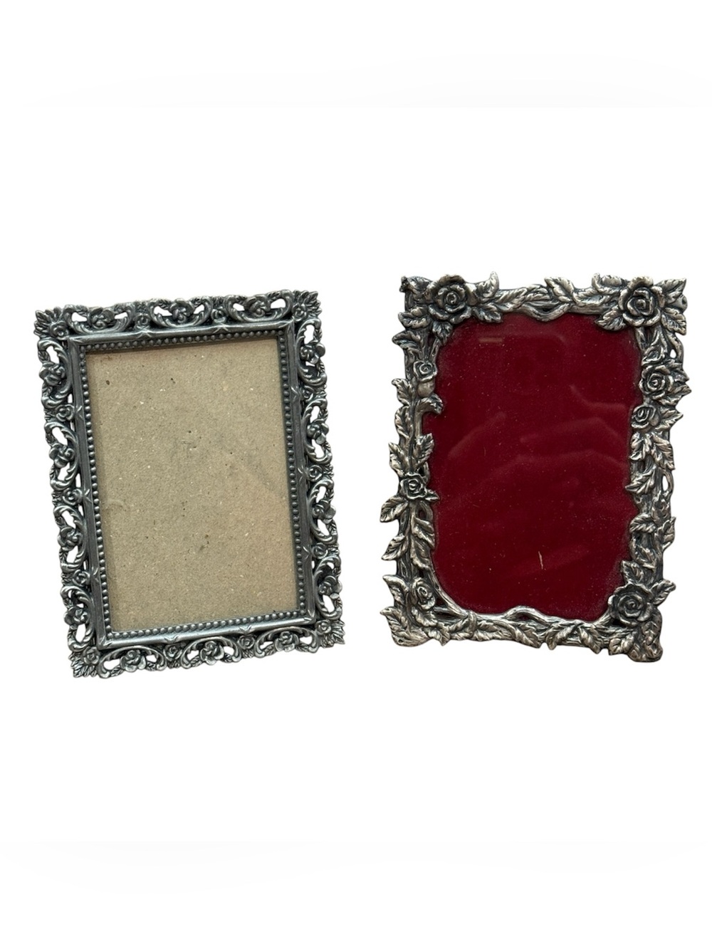 2 silverplate antique rose engraved border standing picture frames
